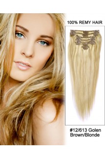 16” 7pcs Straight 100% Remy Hair Clip In Hair Extensions #12/613-Golden Brown/Blonde 16” 7pcs Straight 100% Remy Hair Clip In Hair Extensions #12/613-Golden Brown/Blonde